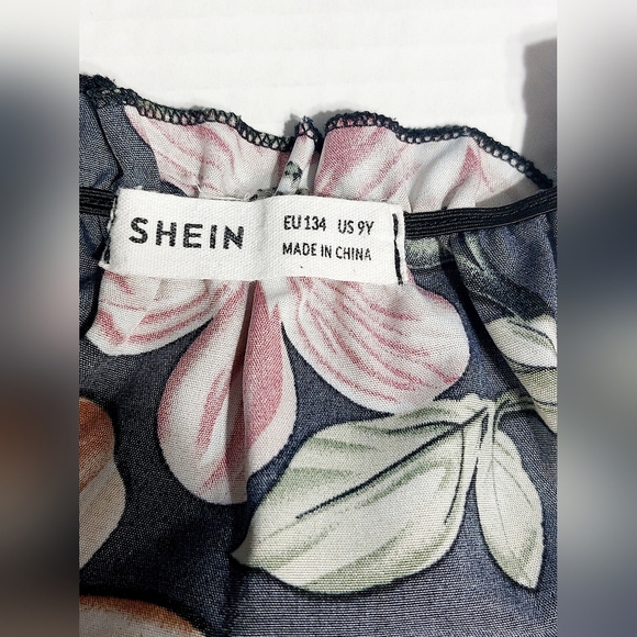 SHEIN Young Girls' Floral Pattern Splice Mesh Romper Dress With Spaghetti Straps - Picture 3 of 9